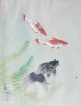 Signed Okada Japanese Koi Fish Vintage Watercolor Painting Asian Oriental Art - £403.97 GBP