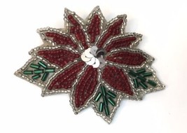 Red Green Silver Seed Bead Sequin Sewn Christmas Poinsettia Brooch Vintage - £11.88 GBP