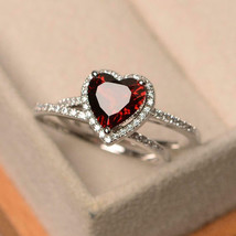 3Ct Heart Cut CZ Red Garnet Halo Bridal RingSet 14K White Gold Plated-925 Silver - £107.02 GBP