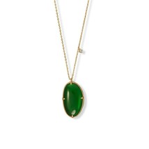 17.5&quot;+2&quot; Green Glass Pendant w/ Small Diamond Charm Necklace 14k Yellow Gold Fn - £135.31 GBP