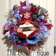Christmas Snowflake Gnome Holiday Ribbon Door Wreath Handmade 22 ins LED W8 - $85.00