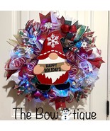 Christmas Snowflake Gnome Holiday Ribbon Door Wreath Handmade 22 ins LED W8 - £66.84 GBP