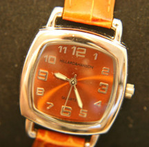 Vintage ladies&#39; Hillard &amp; Hanson chrome &amp; leather, amber dial, quartz wristwatch - £36.05 GBP