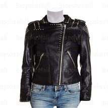 New Women Black Brando Style Studded Zipper Cowhide Motorbike Leather Ja... - £212.38 GBP