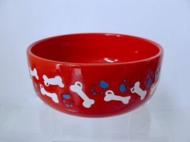 Waechtersbach Germany Dog Bowl Dish Dog Bone Paw Print Red White Blue Ceramic - £19.74 GBP