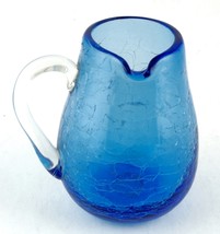 Left Handed 6-oz Creamer Pitcher Blue Crackle Glass Applied Clear Handle - £14.38 GBP