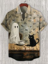 Men&#39;s Ghost And Black Cat Coffee Time Art Print Shirt - $26.00