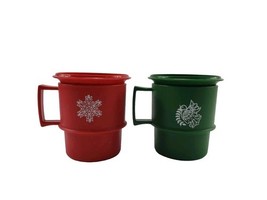 2 Vintage Tupperware Red And Green Holiday Stacking Cups Mugs w Lid Coaster - $16.73
