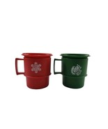 2 Vintage Tupperware Red And Green Holiday Stacking Cups Mugs w Lid Coaster - $16.73