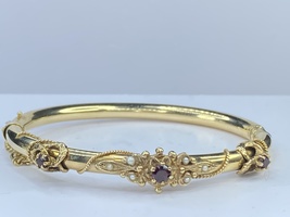 Victorian 10K gold Garnet and seed pearl bangle bracelet 6.5&quot; 15.2gm - £610.06 GBP