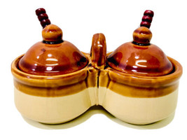 Vintage &#39;80s Stoneware Crocks Double Condiment Jam Jelly Lidded Server &amp;... - $248.72 MXN
