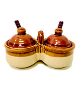 Vintage &#39;80s Stoneware Crocks Double Condiment Jam Jelly Lidded Server &amp;... - $244.70 MXN