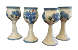 Studio Art Pottery 4 Goblets Chalices Blue Floral Artist Signed MV Vintage - $28.74