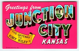 Greetings From Junction City Kansas Large Big Letter Postcard Unused Fort Riley - £6.24 GBP