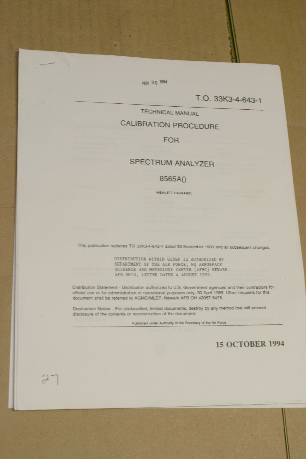 HP Calibration Procedure for Spectrum Analyzer 8565A Tech Manual - $24.45