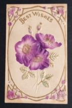 Best Wishes Purple &amp; Gold Airbrushed Embossed Flowers Spring Postcard c1910s - £6.25 GBP