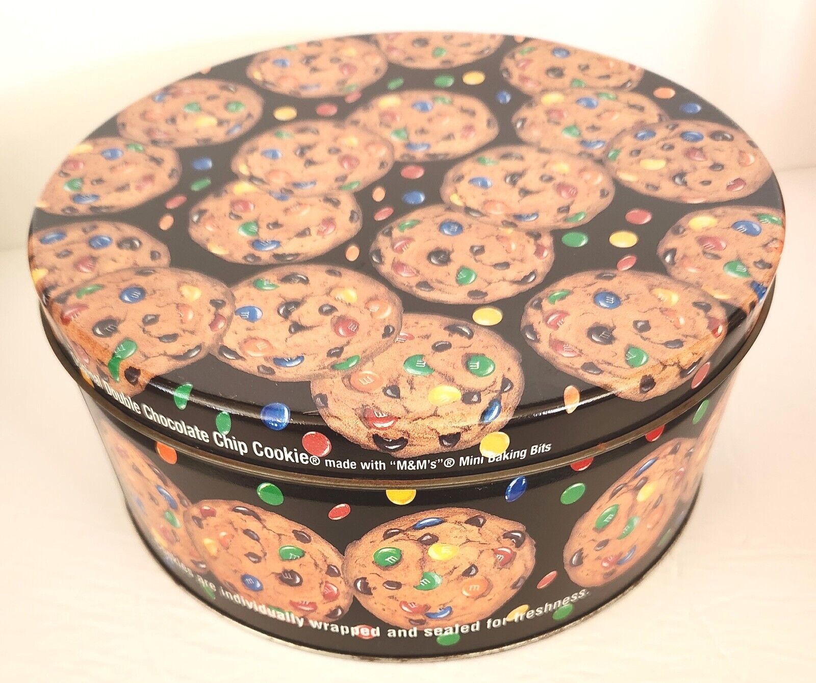 Primary image for M&M's Candy Collectible Cookie Tin Double Chocolate Large 10 Inch Diameter RARE