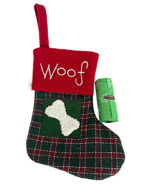 Christmas Red Green Small Plaid Woof Dog Bone Stocking / Biggs Waste Roll - $10.99