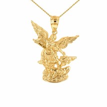 14K Solid Yellow Gold Saint St. Michael The Archangel Pendant Necklace - £151.79 GBP+