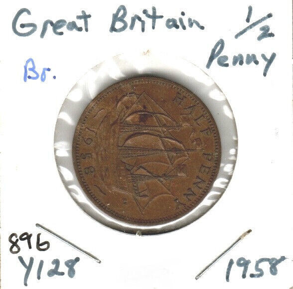 Great Britain 1/2 Penny, 1958, Bronze, KM128 - $0.99