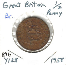 Great Britain 1/2 Penny, 1958, Bronze, KM128 - $0.99
