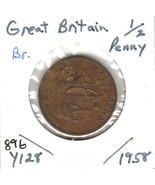 Great Britain 1/2 Penny, 1958, Bronze, KM128 - $18.53 MXN