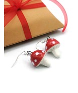 Handmade Ceramic Red Mushroom Dangle Earrings For Women Cottage core Jew... - £47.72 GBP