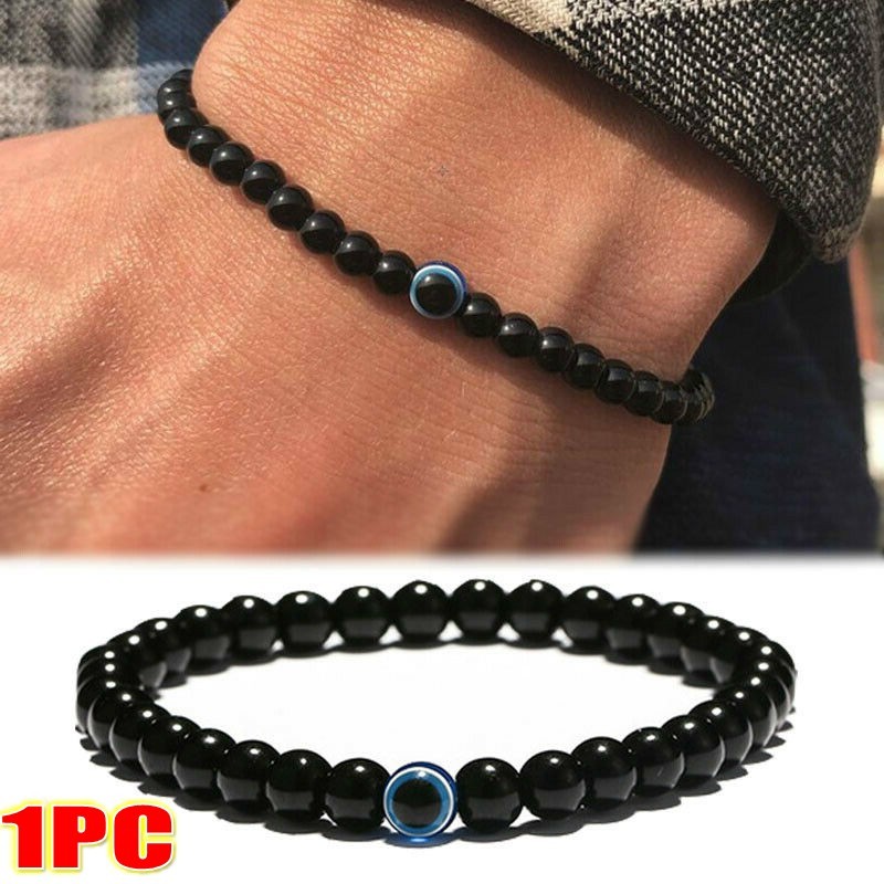 Turkish Evil Eyes Bracelet Black Natural Stone Beads Obsidian Men Braslet for Wo - £10.90 GBP