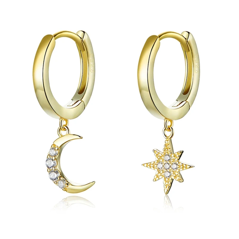 Genuine 925 Sterling Silver Moon and Star Dangle Earrings with Charm, Plated In  - $24.84