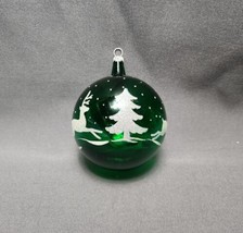 Green Glass 3&quot; Ball Christmas Ornament Glitter Reindeer &amp; Christmas Trees Italy - £19.78 GBP