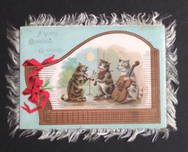 A Hearty Christmas Cats Playing Instruments Double-Sided Silk Fringe Card c1880s - £31.28 GBP