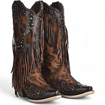 Corral Women&#39;s Size 7 Leopard Stud &amp; Fringe Honey Goat Western Snip Toe Boots - £216.39 GBP