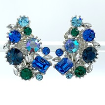 Lisner Vintage Rhinestone Earrings in Peacock Blues and Greens - £27.87 GBP