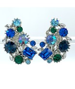 Lisner Vintage Rhinestone Earrings in Peacock Blues and Greens - £27.65 GBP