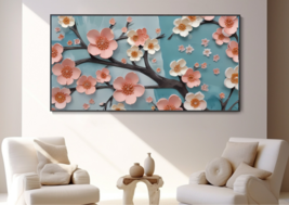 3D Pale Pink Cherry Blossom Painting Simple Blue Sky Canvas Oil Art Abstract Tre - £1.59 GBP