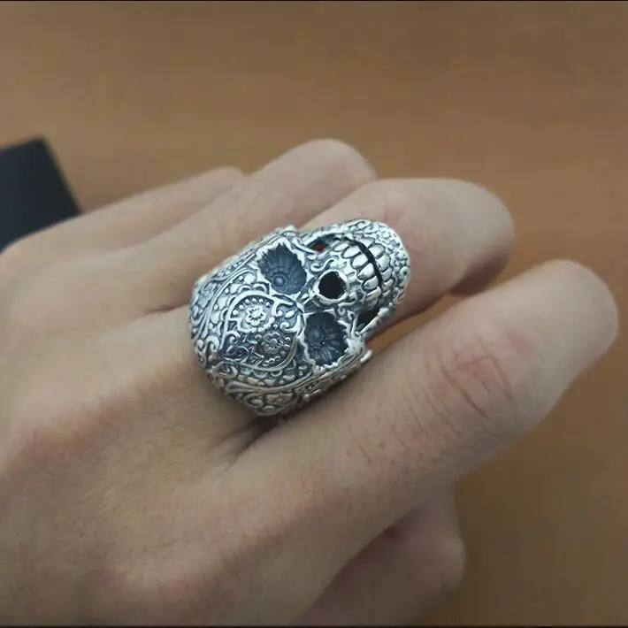 100% 925 Silver Heart Flower Skull Ring Real Sterling Silver Skeleton Ring PUNK  - £58.70 GBP