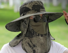 Large Brim Fisherman Sun Hat Detachable Face Mask Outdoor Army Green Cam... - $18.80