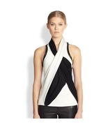 Helmut Lang Pearl Black Twisted Drape Leather Trim Crepe Top M - €107,34 EUR