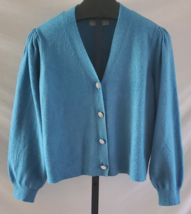 Loft Blue Ribbed Pleated Shoulder V neck Cardigan Sweater Size large Womens - £15.57 GBP