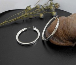 Silver Knife Edge Earrings, 925 Sterling Silver, Round Hoop Earrings Size 36mm  - £39.54 GBP