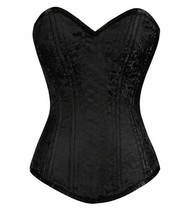 Black Brocade Spiral Steel Boned Corset Goth Burlesque Costume Silver Zi... - £59.63 GBP