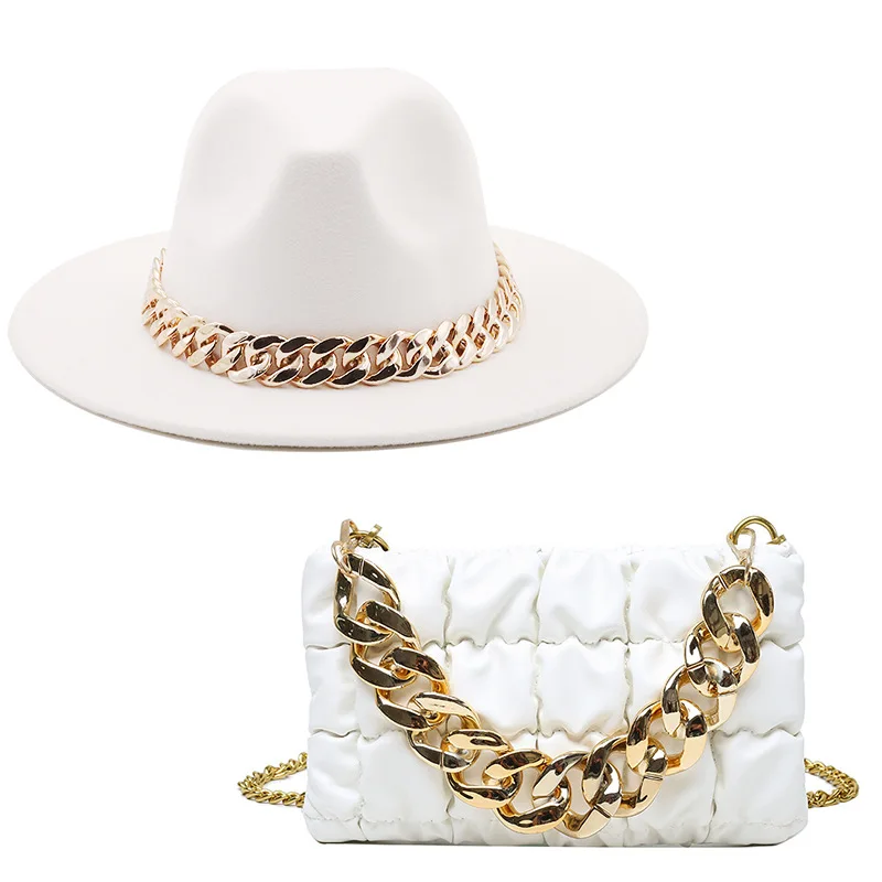 Fedora Hat Ladies Bag Sets Gold Chain Hats For Women Earring Luxury Church Jazz  - £42.18 GBP