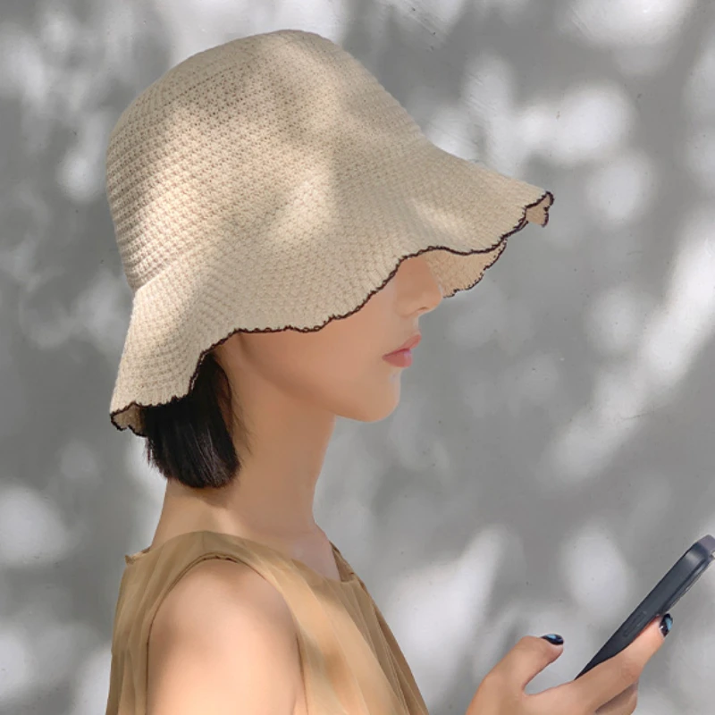 Wavy edge knitted bucket hats women outdoor travel versatile sunscreen retro short brim thumb200