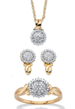 Diamond Accent Cluster Earrings Ring Necklace Gp 14K Gold Set - £220.32 GBP