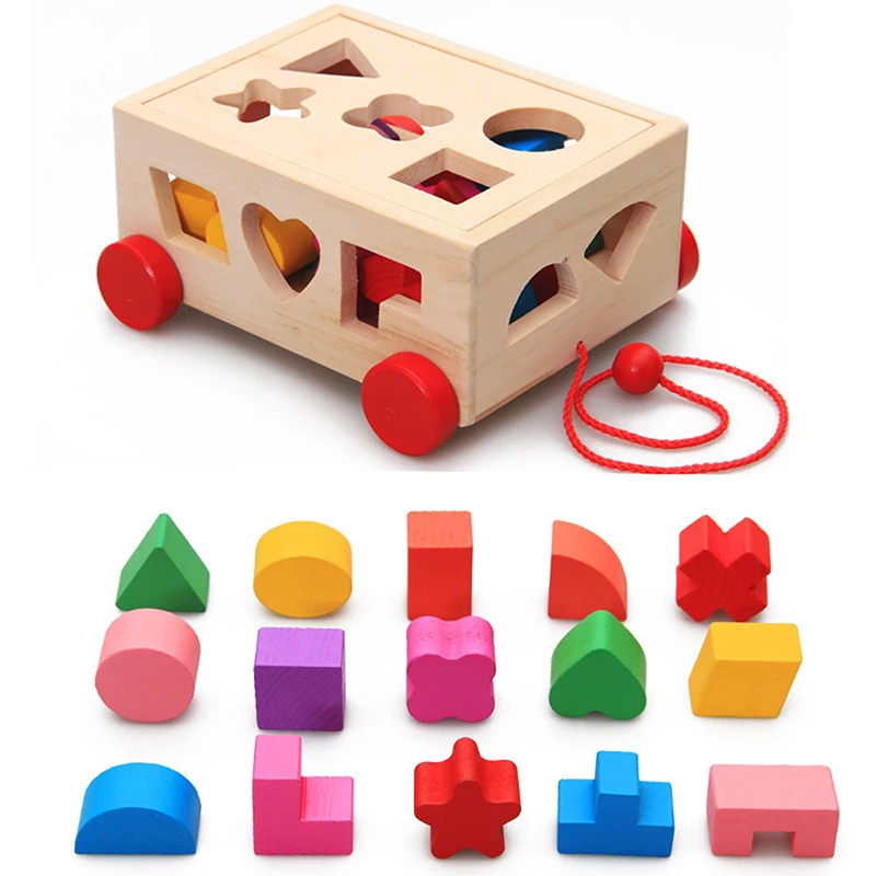 Montessori Shape Sorter Toys Wooden Pull Along Car Shape Sorter Matching Blocks - £23.67 GBP