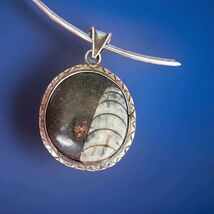 Sterling Silver 925 Deco Modernist Necklace 31 Gr Vintage AMMONITE FOSSI... - $280.25