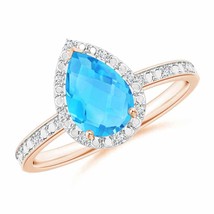 ANGARA Prong-Set Pear Swiss Blue Topaz Ring with Beaded Halo in 14K Gold - £575.89 GBP