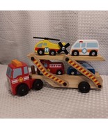 Melissa &amp; Doug Wooden Emergency Vehicle Carrier Truck+ 4 Emergency Vehic... - £13.94 GBP