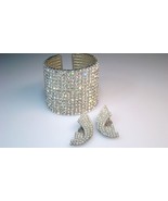 Massive Vintage Rhinestone WIDE Cuff Bracelet w Large Clip Earrings Lot - £38.51 GBP