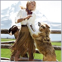 Western Double layer Long Fringe Tassels Brown Faux Suede Leather Midi Skirt